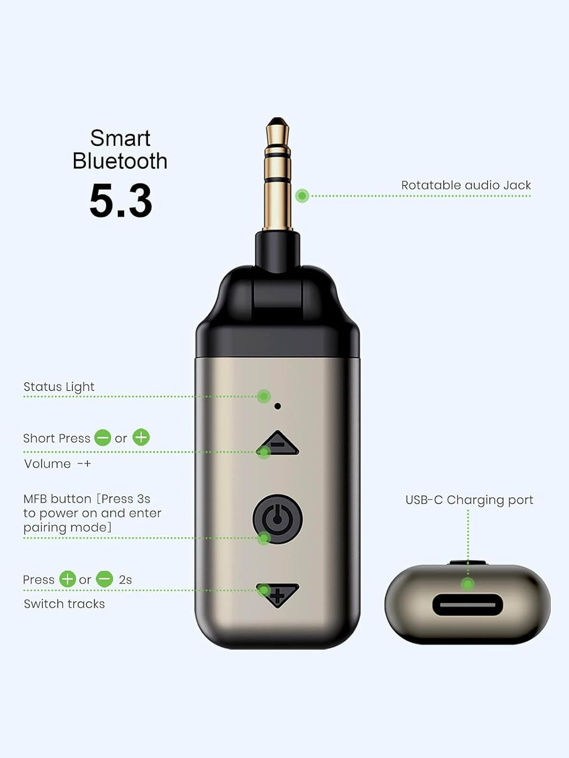Air88 Bluetooth Aux Adapter for Car, Aux Bluetooth 5.3 Receiver with Swivel 3.5Mm Audio Jack for Home Stereo Speaker, Volume and Track Control, Handsfree Call, CD Sound, Metal Case