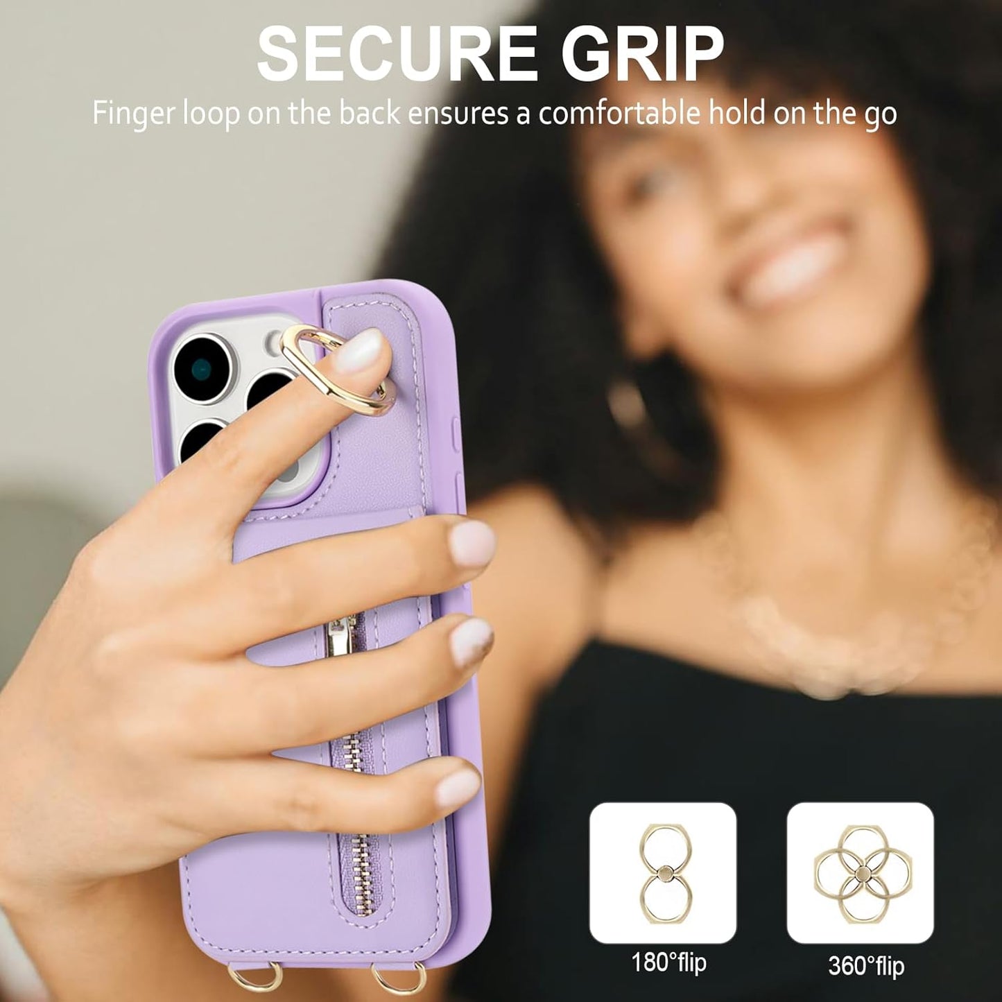 Crossbody Wallet Case for Iphone 16 Pro Max, with Card Slots Zipper Pocket Case, Flip Folio Purse RFID Blocking with Ring Kickstand Detachable Strap-Purple