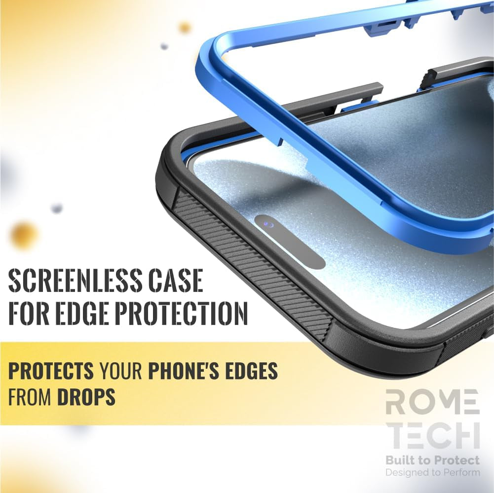 For Iphone 16 Case with Belt Clip Holster & Kickstand, Screenless Protective Dual-Layer Shockproof Iphone 16 Defender Case - Black & Blue