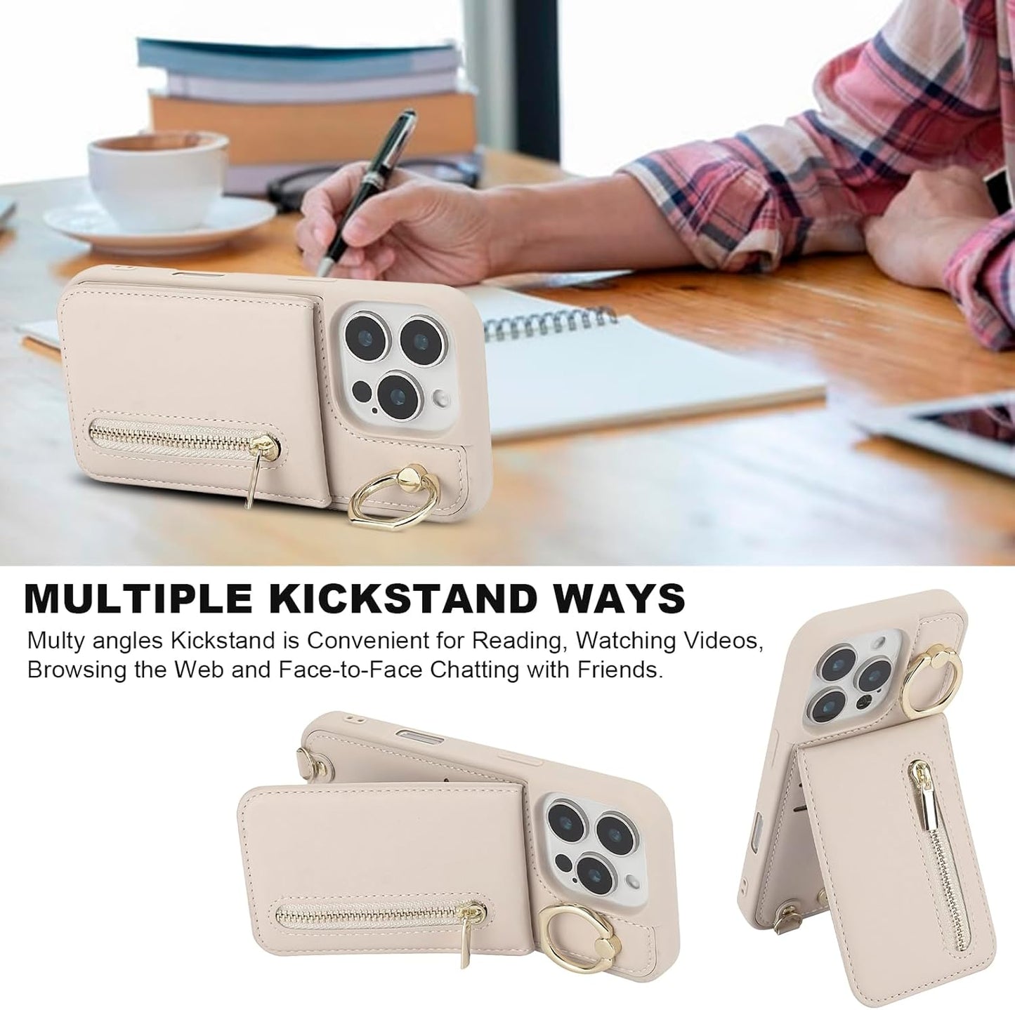 Crossbody Wallet Case for Iphone 16 Pro Max, with Card Slots Zipper Pocket Case, Flip Folio Purse RFID Blocking with Ring Kickstand Detachable Strap-Beige