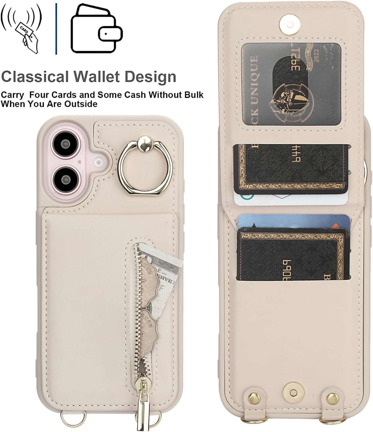 Crossbody Wallet Case for Iphone 16 Plus, with Card Slots Zipper Pocket Case, Flip Folio Purse RFID Blocking with Ring Kickstand Detachable Strap-Beige