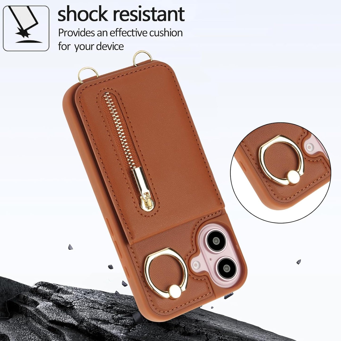 Crossbody Wallet Case for Iphone 16, with Card Slots Zipper Pocket Case, Flip Folio Purse RFID Blocking with Ring Kickstand Detachable Strap-Brown