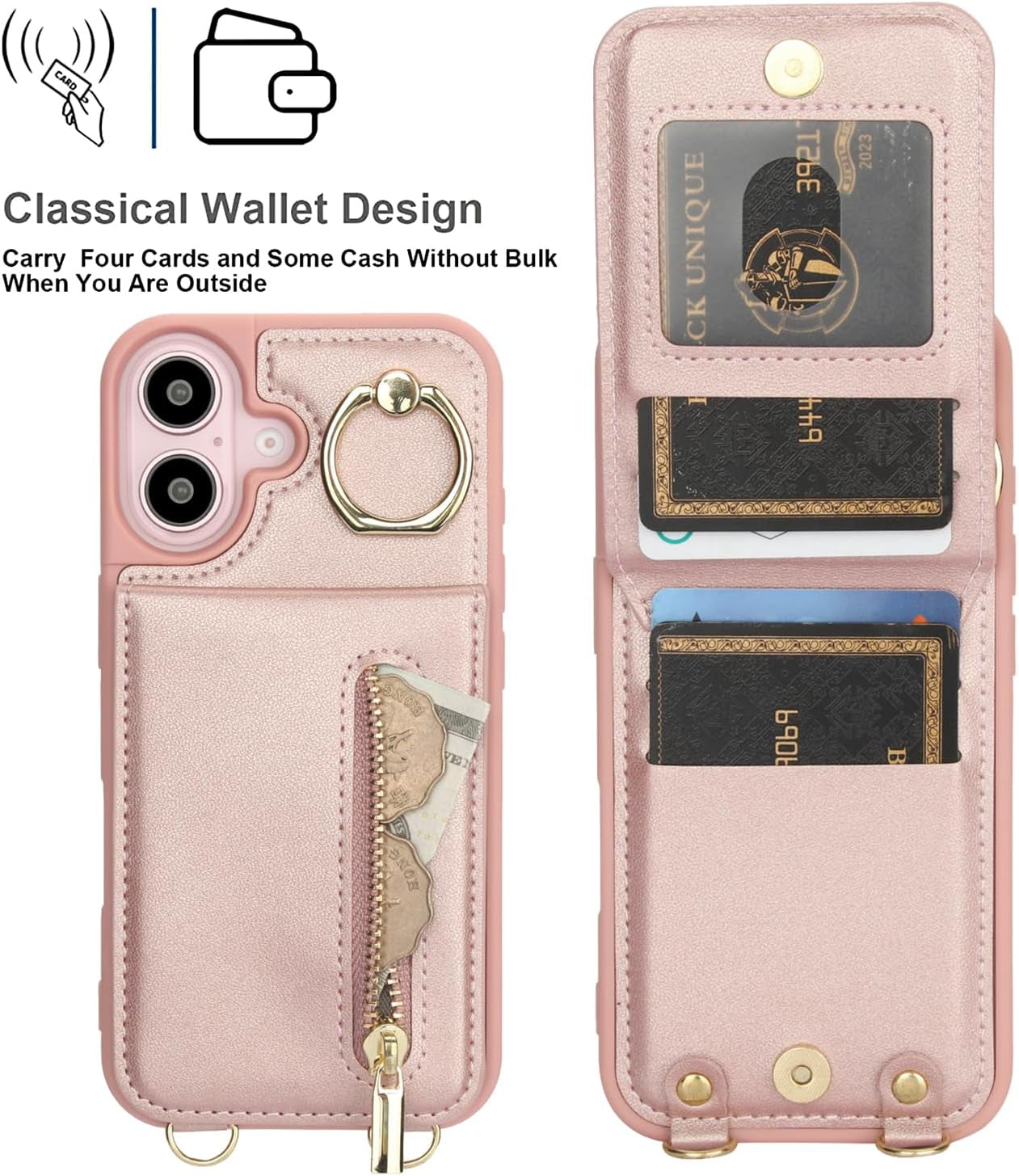 Crossbody Wallet Case for Iphone 16 Plus, with Card Slots Zipper Pocket Case, Flip Folio Purse RFID Blocking with Ring Kickstand Detachable Strap-Pink