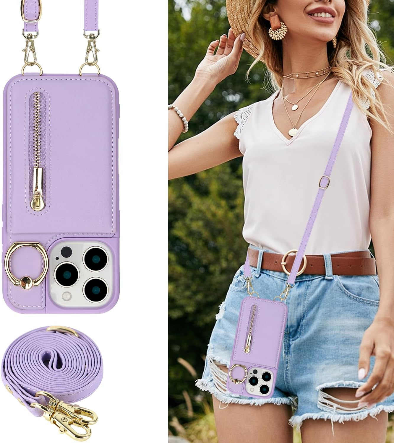 Crossbody Wallet Case for Iphone 16 Pro Max, with Card Slots Zipper Pocket Case, Flip Folio Purse RFID Blocking with Ring Kickstand Detachable Strap-Purple