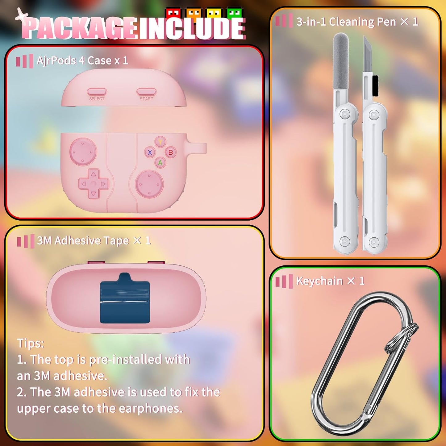 Classic Game Case for Apple Airpod 4, Silicone Funny Airpod Case 4Th Generation for Women Girls, Compatible with Airpods 4 Cover with Cleaning Kit, Air Pod 4 Case with Keychain, Pink