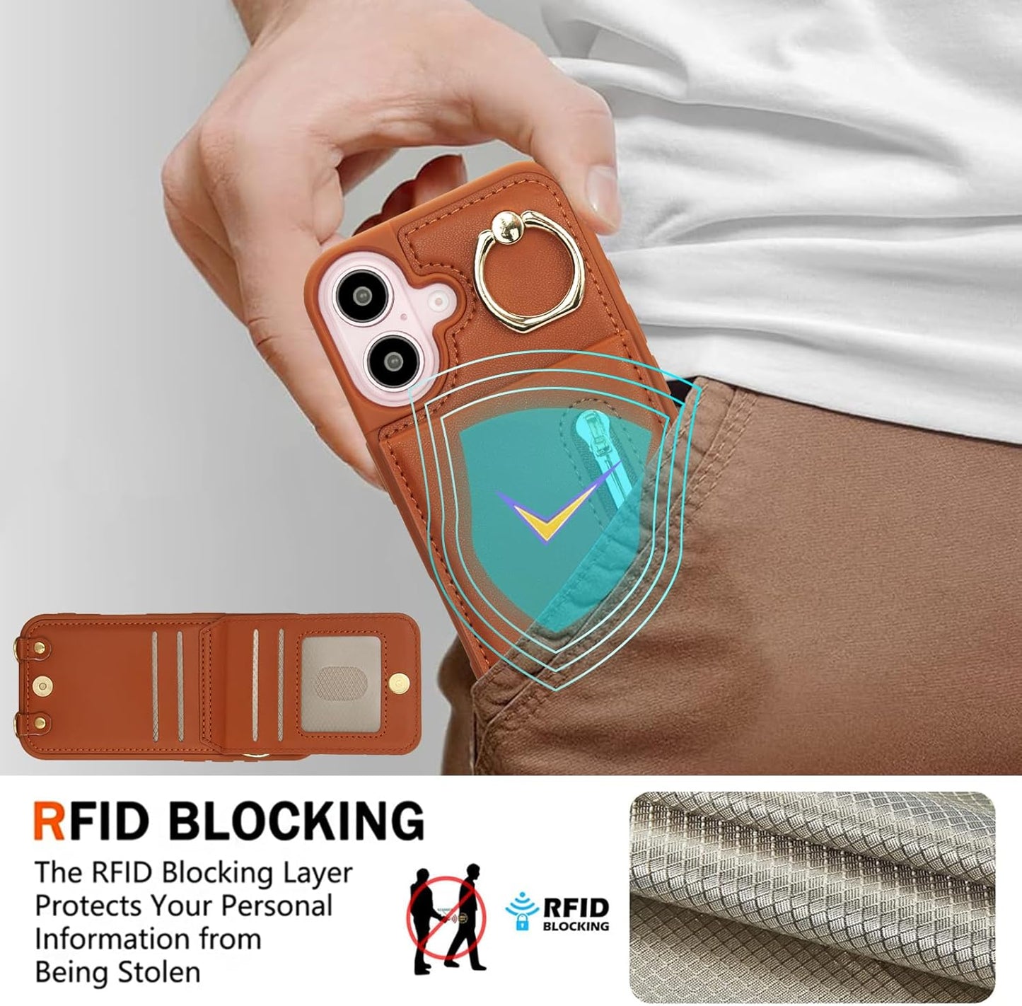 Crossbody Wallet Case for Iphone 16, with Card Slots Zipper Pocket Case, Flip Folio Purse RFID Blocking with Ring Kickstand Detachable Strap-Brown