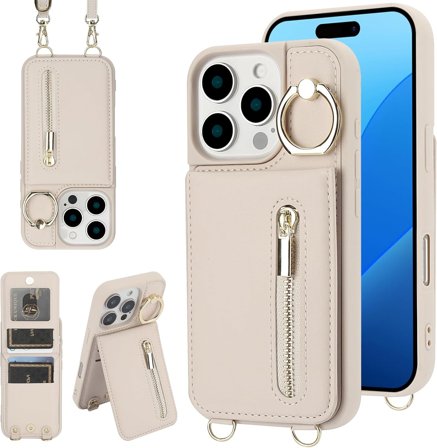 Crossbody Wallet Case for Iphone 16 Pro Max, with Card Slots Zipper Pocket Case, Flip Folio Purse RFID Blocking with Ring Kickstand Detachable Strap-Beige