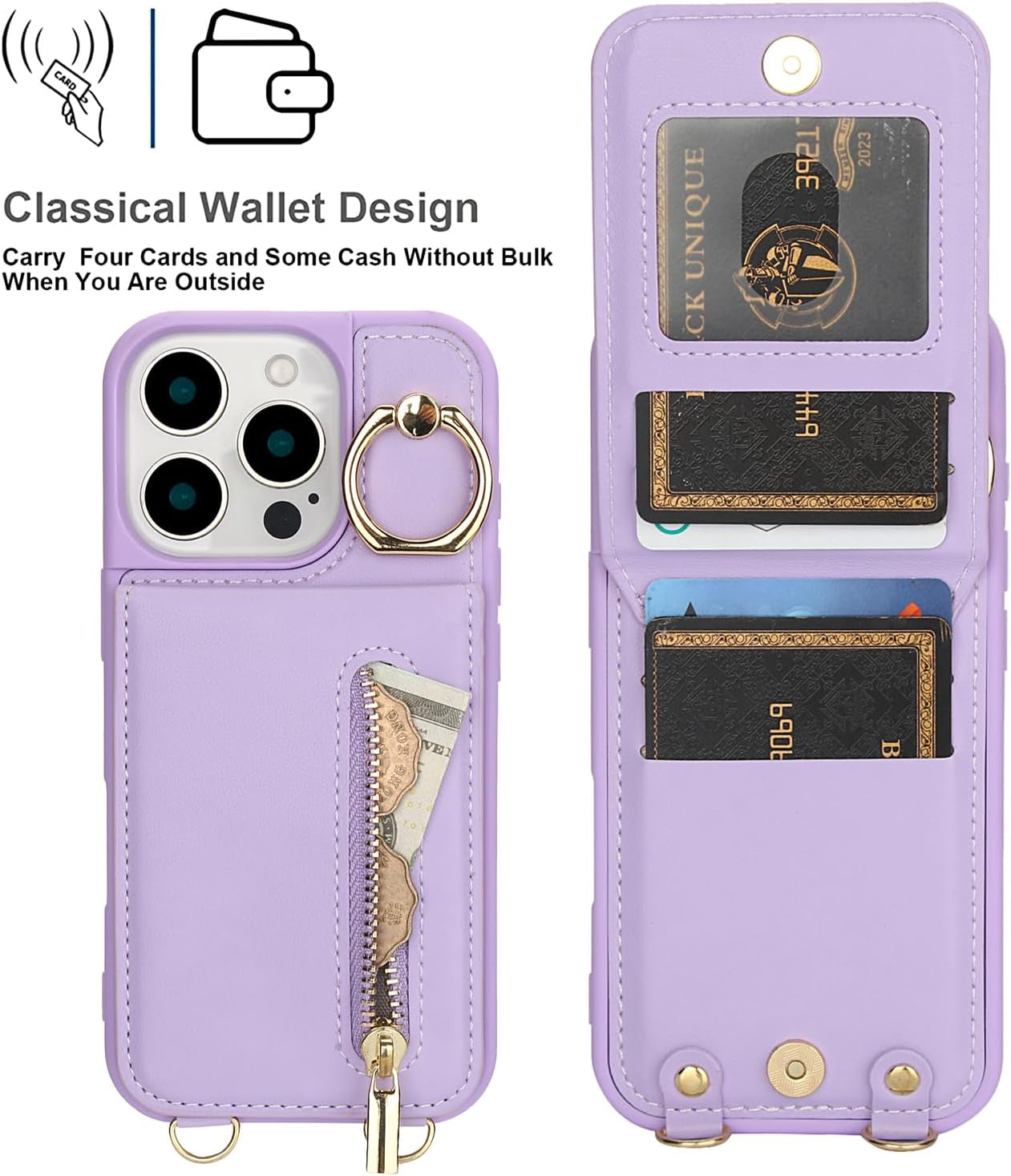 Crossbody Wallet Case for Iphone 16 Pro Max, with Card Slots Zipper Pocket Case, Flip Folio Purse RFID Blocking with Ring Kickstand Detachable Strap-Purple