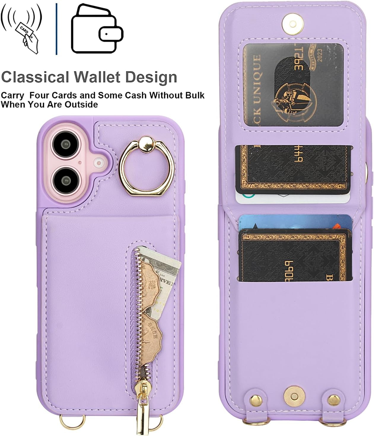 Crossbody Wallet Case for Iphone 16 Plus, with Card Slots Zipper Pocket Case, Flip Folio Purse RFID Blocking with Ring Kickstand Detachable Strap-Purple