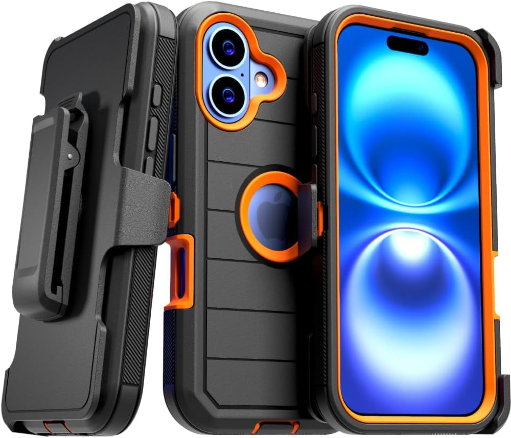 For Iphone 16 Case with Belt Clip Holster & Kickstand, Screenless Protective Dual-Layer Shockproof Iphone 16 Defender Case - Black & Orange