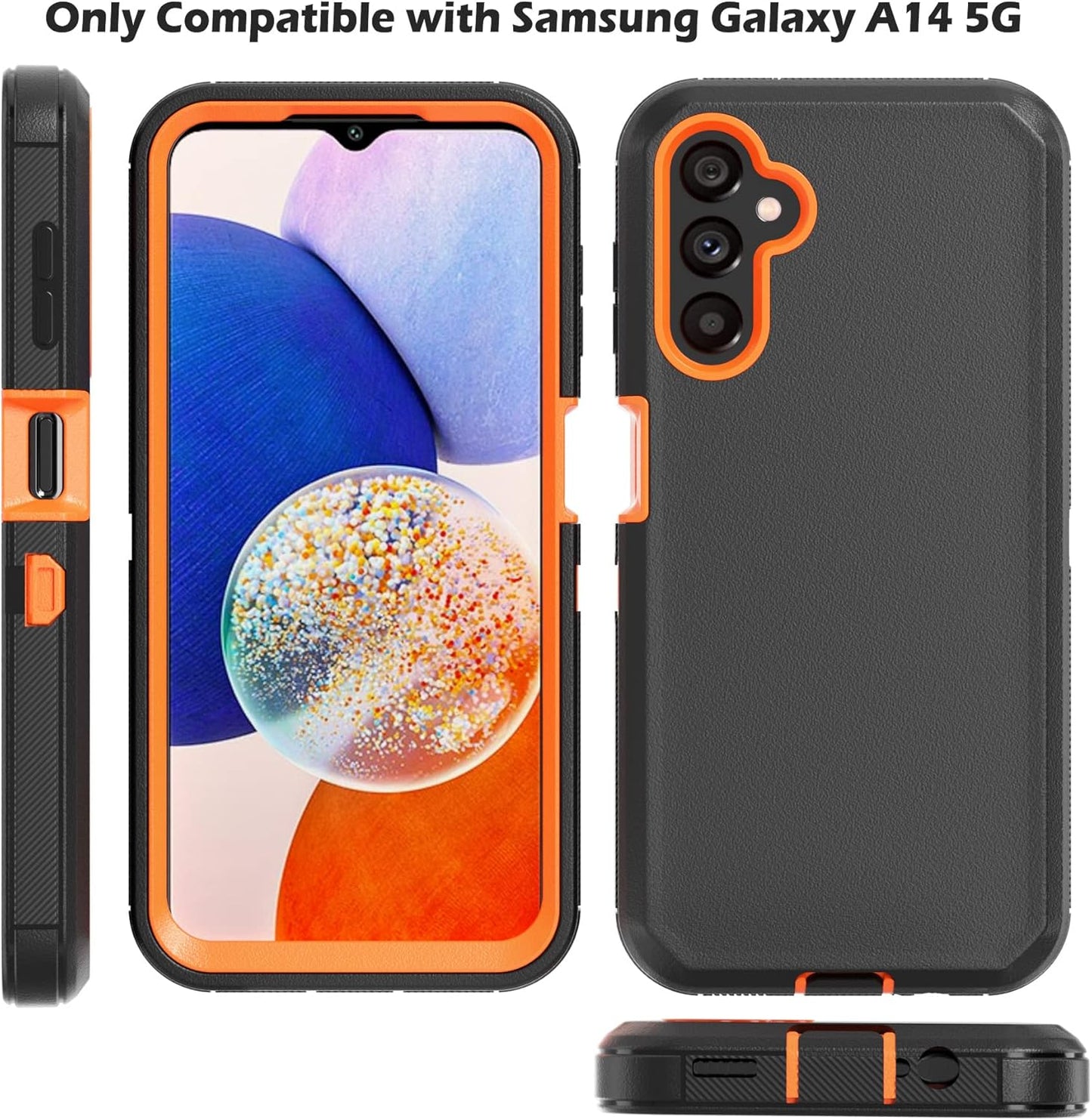 Phone Case for Samsung Galaxy A14 5G Case,Heavy Duty Hard Shockproof Armor Protector Case Cover with Belt Clip Holster for Samsung A14 5G 2023 Phone Case (Black+Orange)