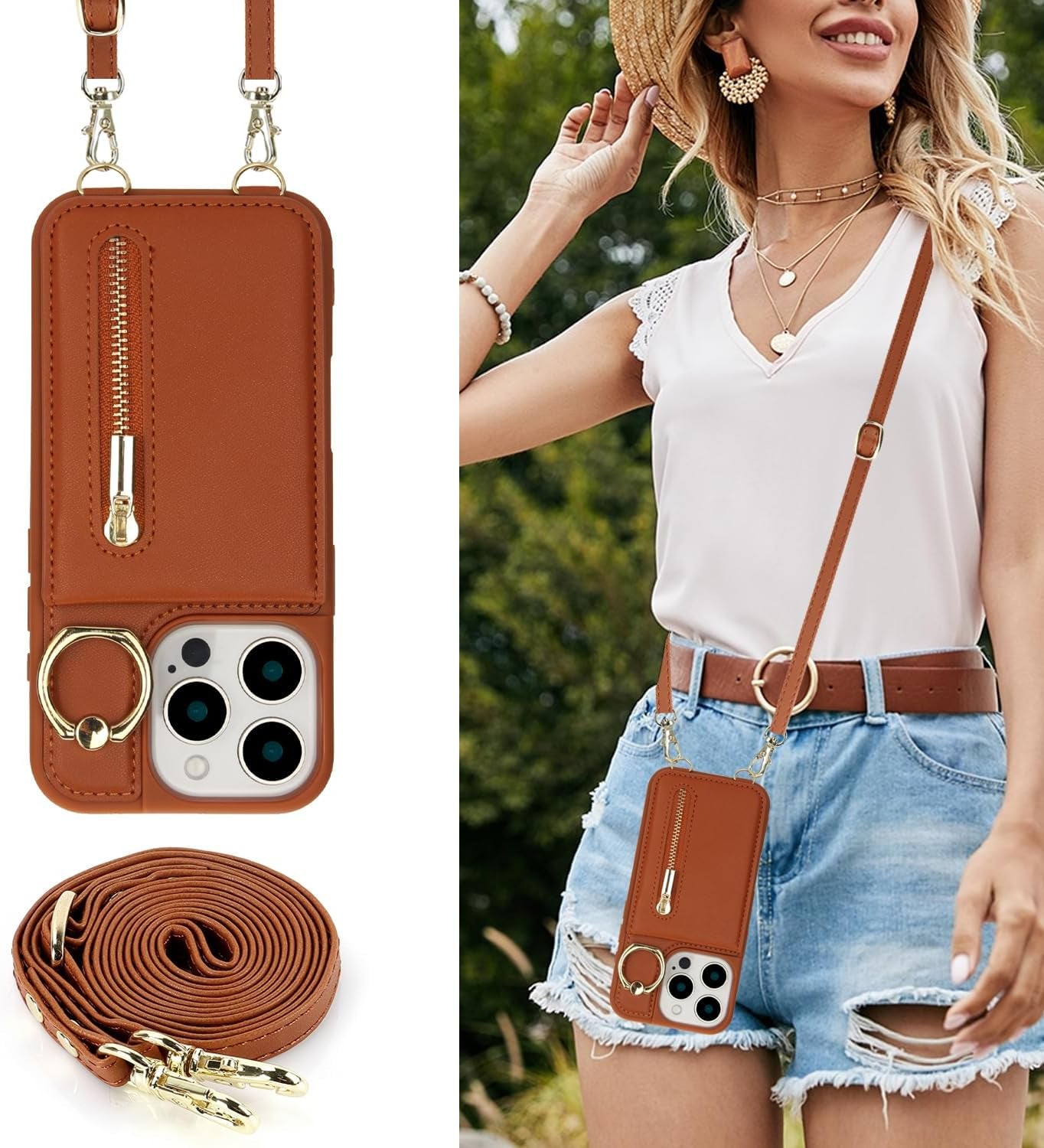 Crossbody Wallet Case for Iphone 16 Pro Max, with Card Slots Zipper Pocket Case, Flip Folio Purse RFID Blocking with Ring Kickstand Detachable Strap-Brown