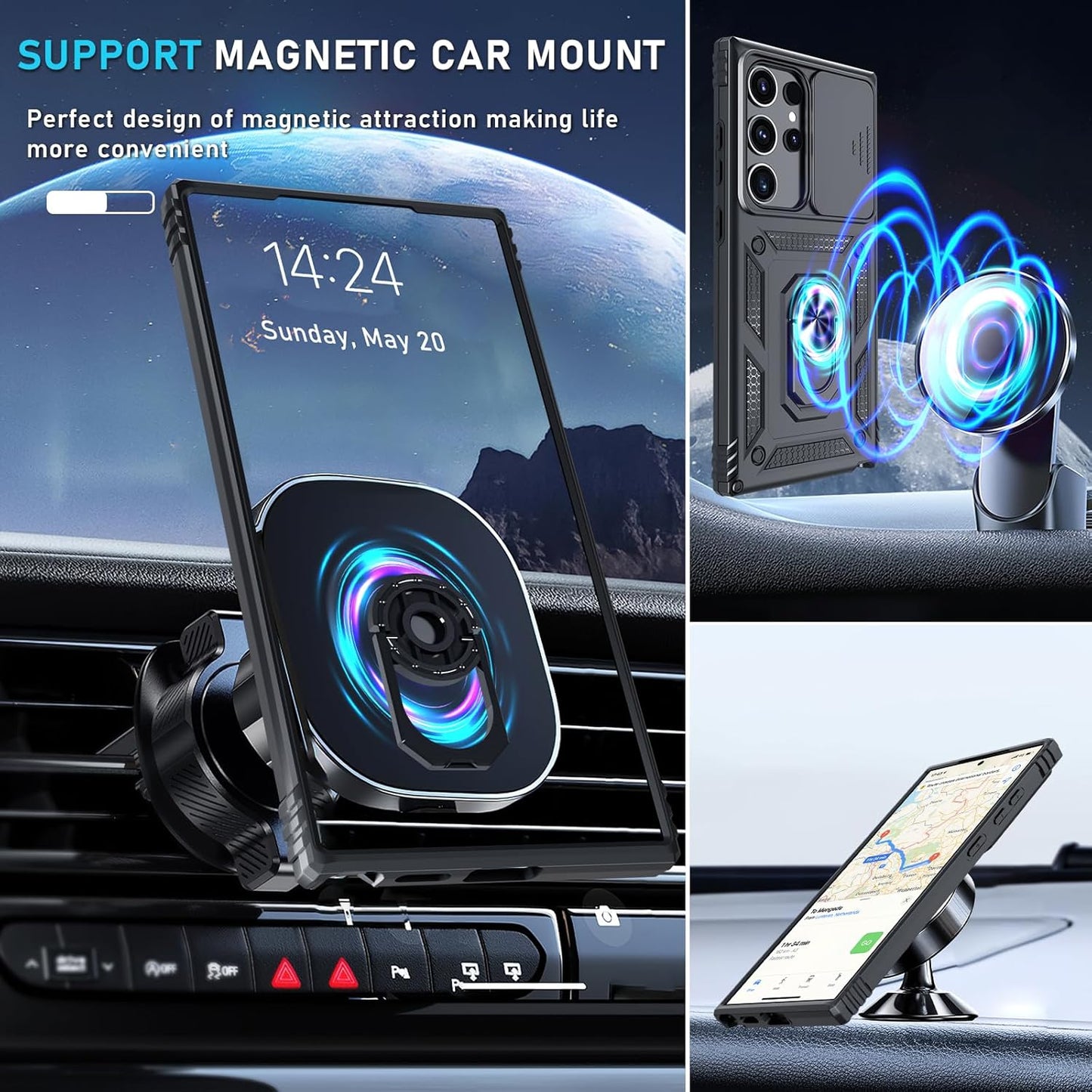 Compatible with Samsung Galaxy S25 Ultra Case Built in Slide Camera Lens Cover+Screen Protector+Finger Ring Holder Kickstand,Heavy Duty Shockproof Full Body Phone Cover,2025 Black