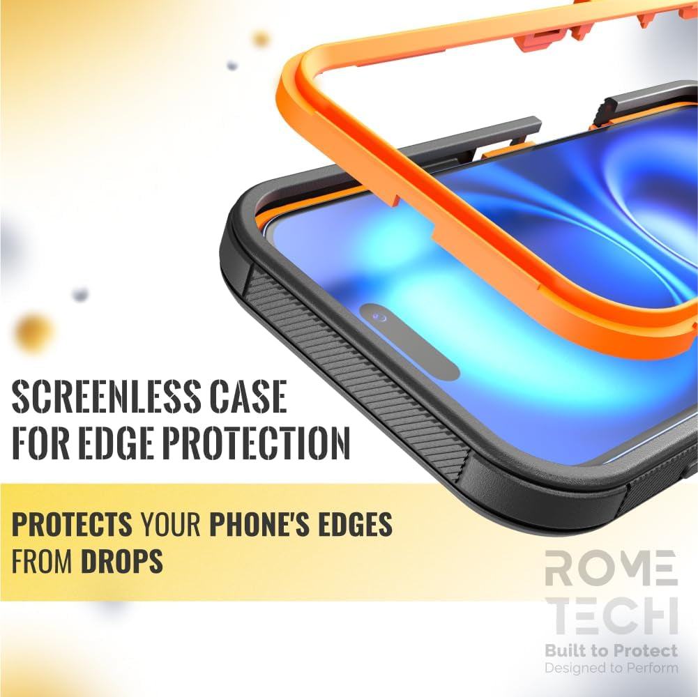 For Iphone 16 Case with Belt Clip Holster & Kickstand, Screenless Protective Dual-Layer Shockproof Iphone 16 Defender Case - Black & Orange