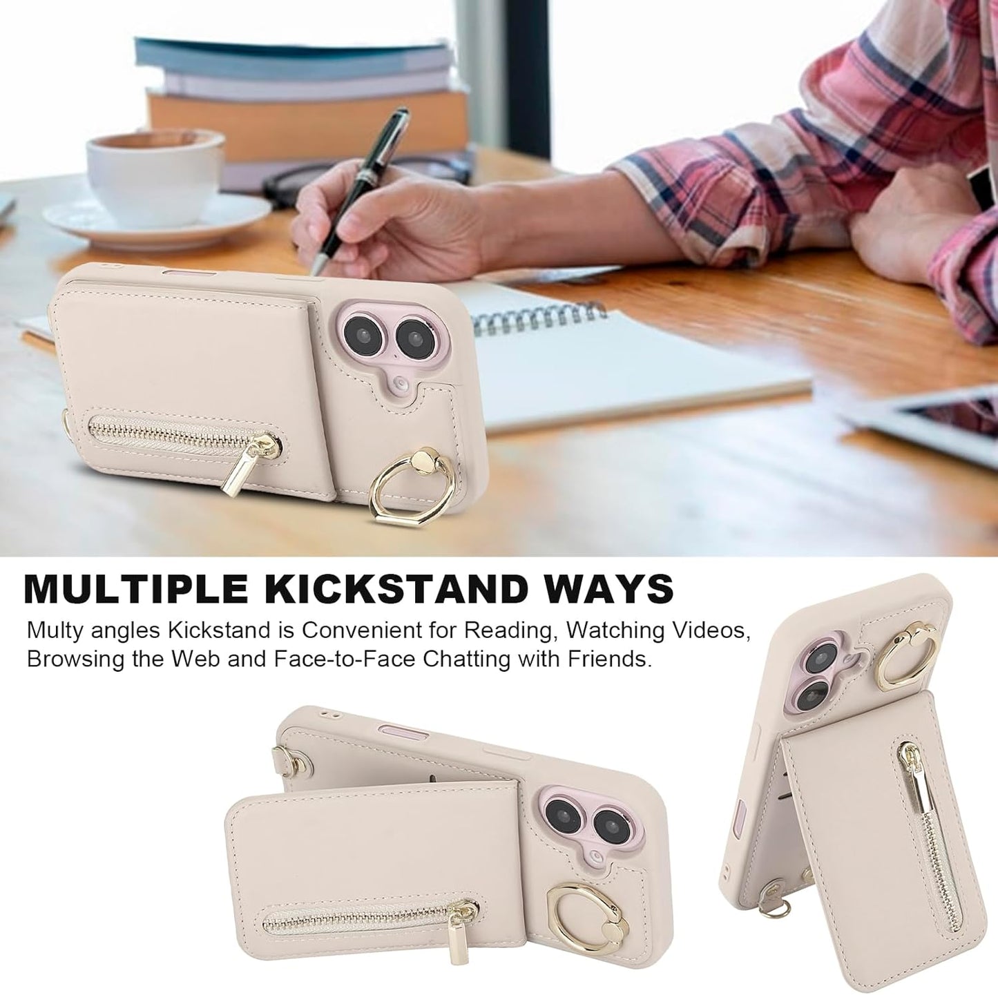 Crossbody Wallet Case for Iphone 16 Plus, with Card Slots Zipper Pocket Case, Flip Folio Purse RFID Blocking with Ring Kickstand Detachable Strap-Beige