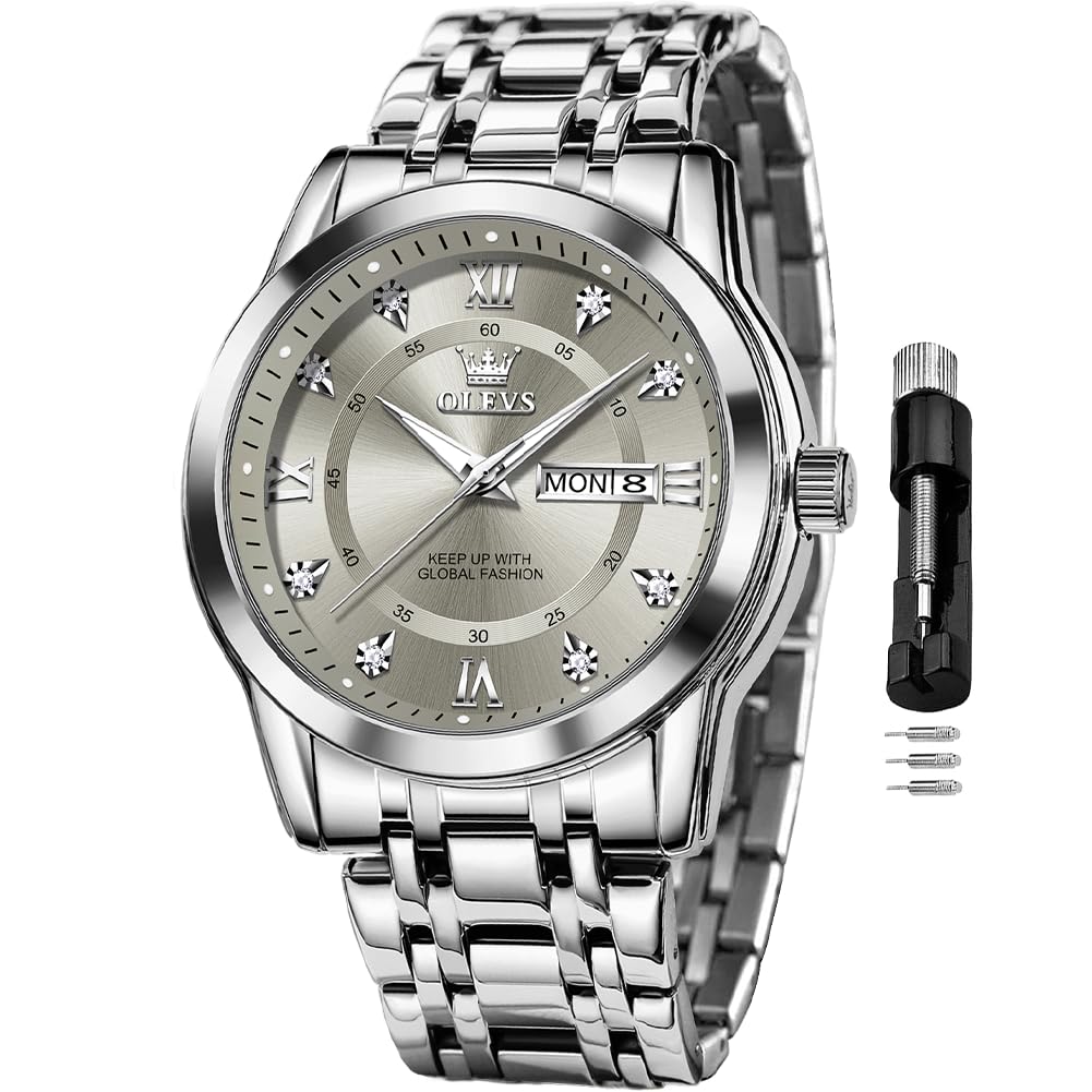 OLEVS Watch for Men Classic Business Dress Analog Quartz Stainless Steel Waterproof Luminous Date Diamond Men Silver Watch