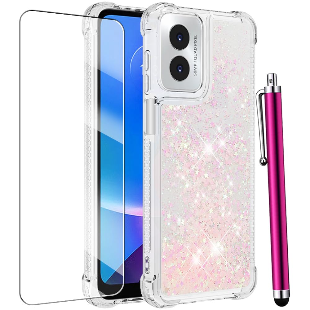 for Moto G Play 2024 Case with Screen Protector, Cute Women Girls Glitter Bling Liquid Floating Phone Case Slim TPU Soft Silicone Shockproof Girly Cover for Motorola G Play 2024 -Pink Purple
