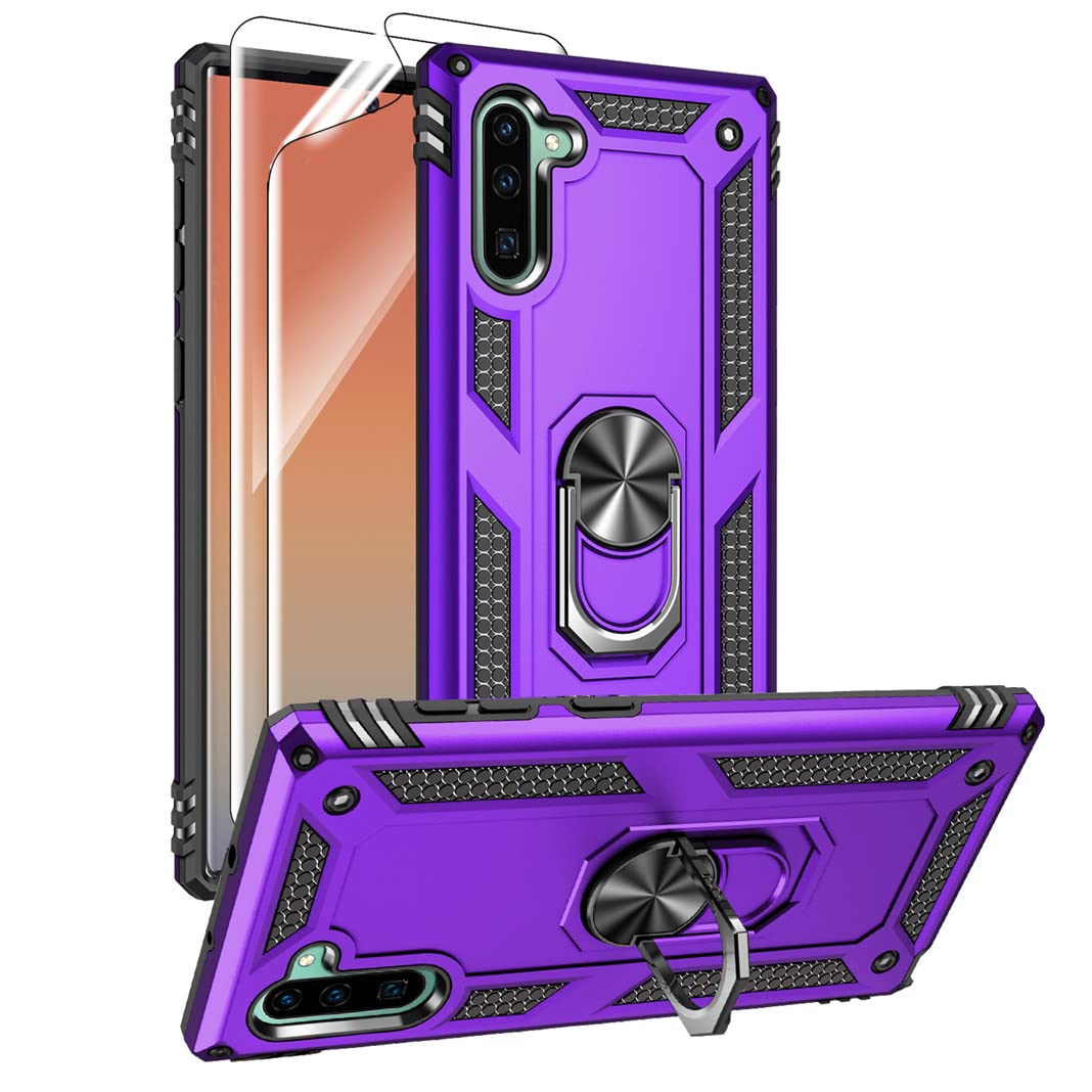 for Samsung Galaxy Note 10 Case, Note10 Case with HD Screen Protectors, Military-Grade Metal Ring Holder Kickstand 15ft Drop Tested Shockproof Cover Case for Samsung Note 10 (2019) Black