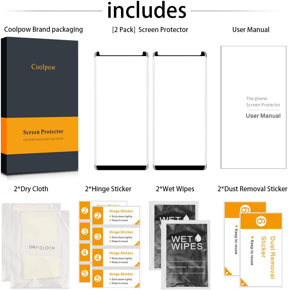 【2-PACK】Coolpow Designed for Samsung Galaxy Note 8 Screen Protector, Case Friendly, Anti-Bubble,3D Curved,Full Screen Coverage,9H Hardness,HD Clear, Samsung Note 8 Screen Protector Tempered Glass Film