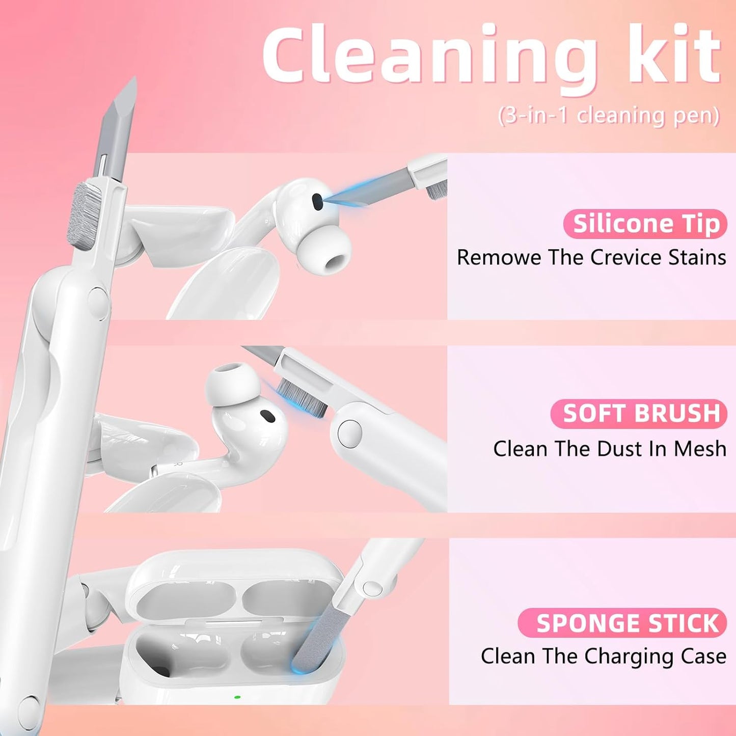 with Safety Lock for AirPods Pro 3 Case 2025,Clear Cases with Phone Stand & Cleaning Kit,Soft TPU Cover for Airpods Pro 3rd Generation Case,Cute Bling Keychain for Women Girls-Glitter Pink
