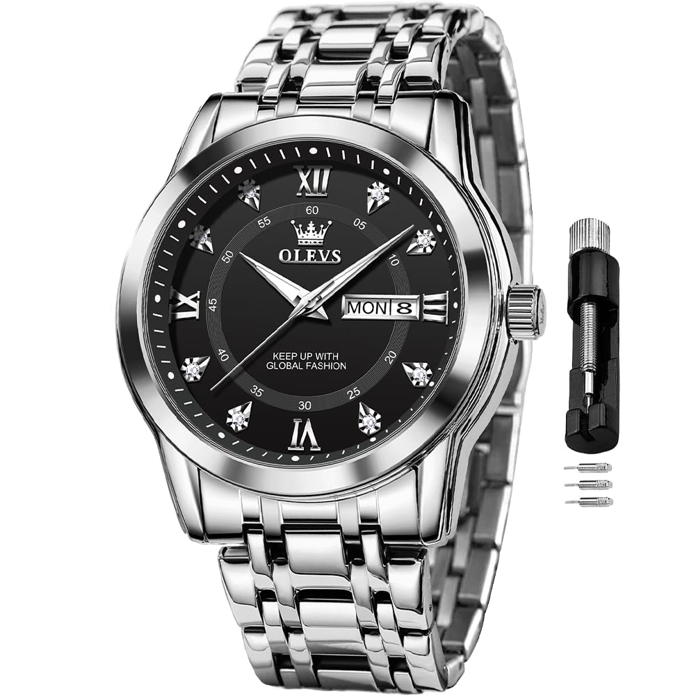 OLEVS Watch for Men Classic Business Dress Analog Quartz Stainless Steel Waterproof Luminous Date Diamond Men Silver Watch
