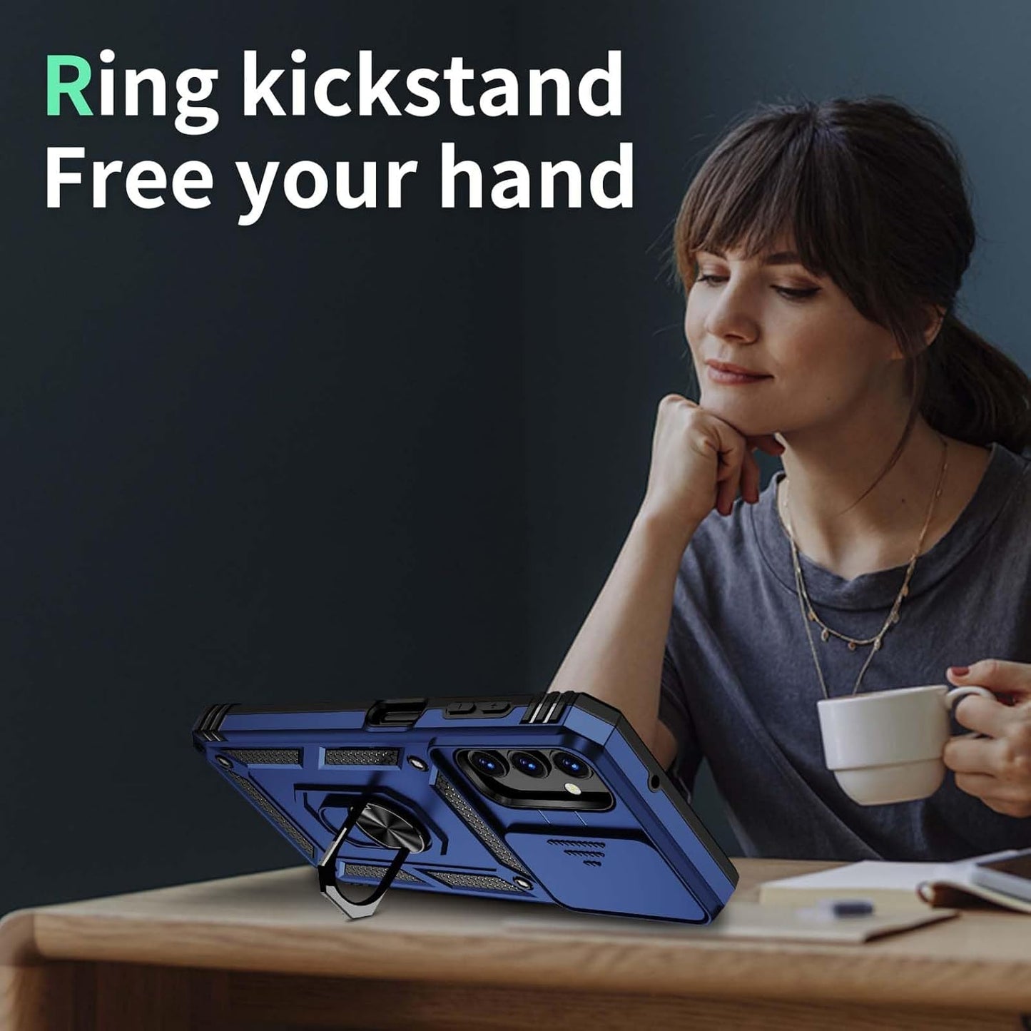 for Samsung Galaxy A13 5G Case, Galaxy A13 5G Phone Case,Slide Camera Cover HD Screen Protector Military Grade Magnetic Ring Holder Shockproof Kickstand Protective Case, Navy Blue