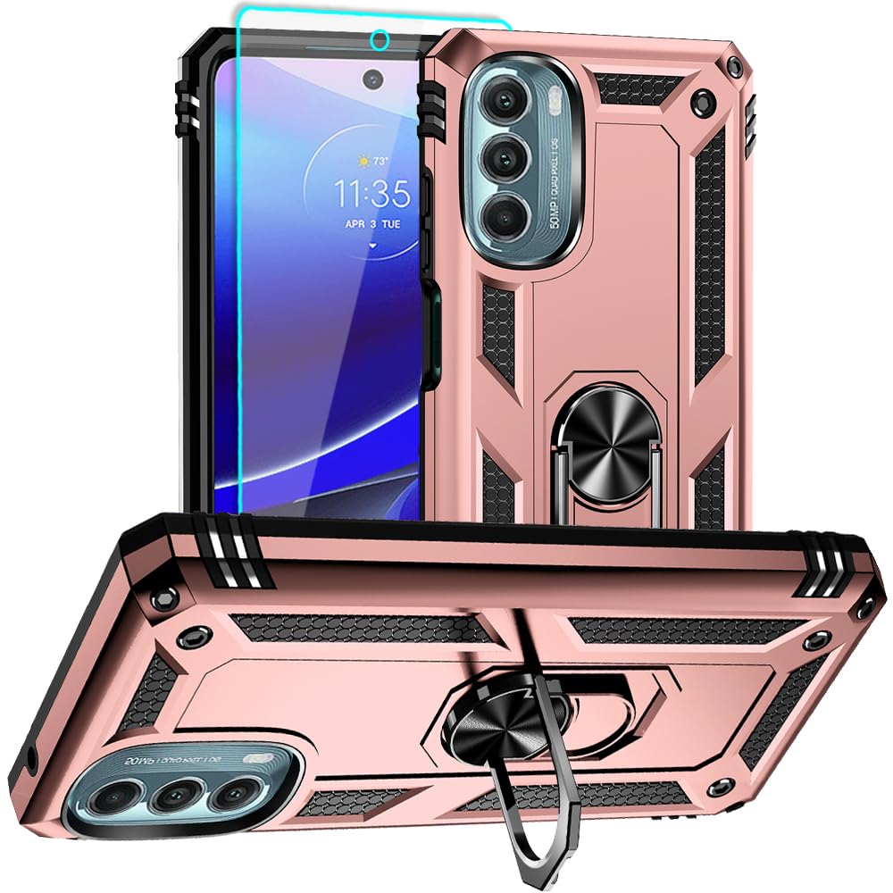 Aozuoton for Moto G Stylus 5G 2022 Case with HD Screen Protector, Military Grade 16ft. Drop Tested Ring Shockproof Protective Phone Case for Moto G Stylus 5G 2022, Blue