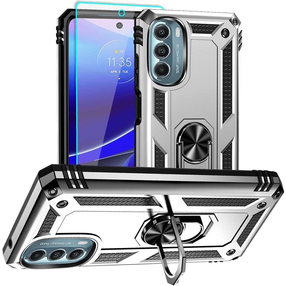 Aozuoton for Moto G Stylus 5G 2022 Case with HD Screen Protector, Military Grade 16ft. Drop Tested Ring Shockproof Protective Phone Case for Moto G Stylus 5G 2022, Blue