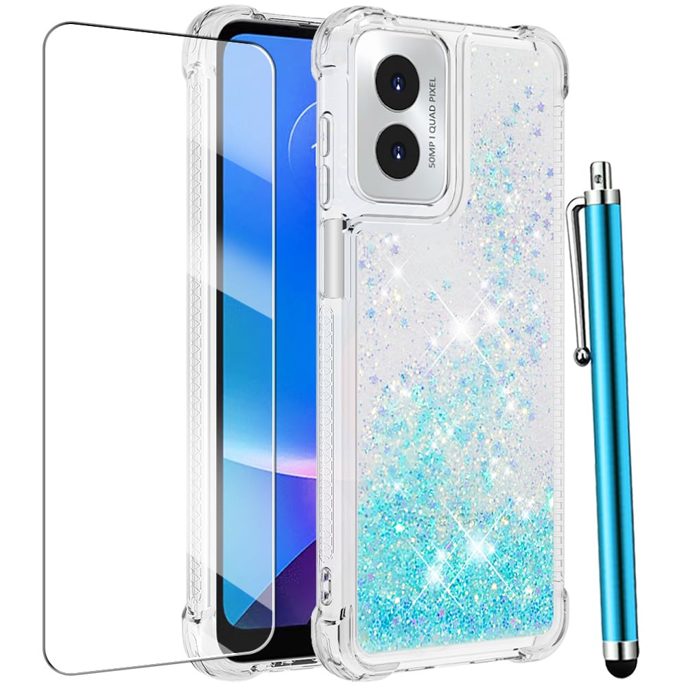 for Moto G Play 2024 Case with Screen Protector, Cute Women Girls Glitter Bling Liquid Floating Phone Case Slim TPU Soft Silicone Shockproof Girly Cover for Motorola G Play 2024 -Pink Purple