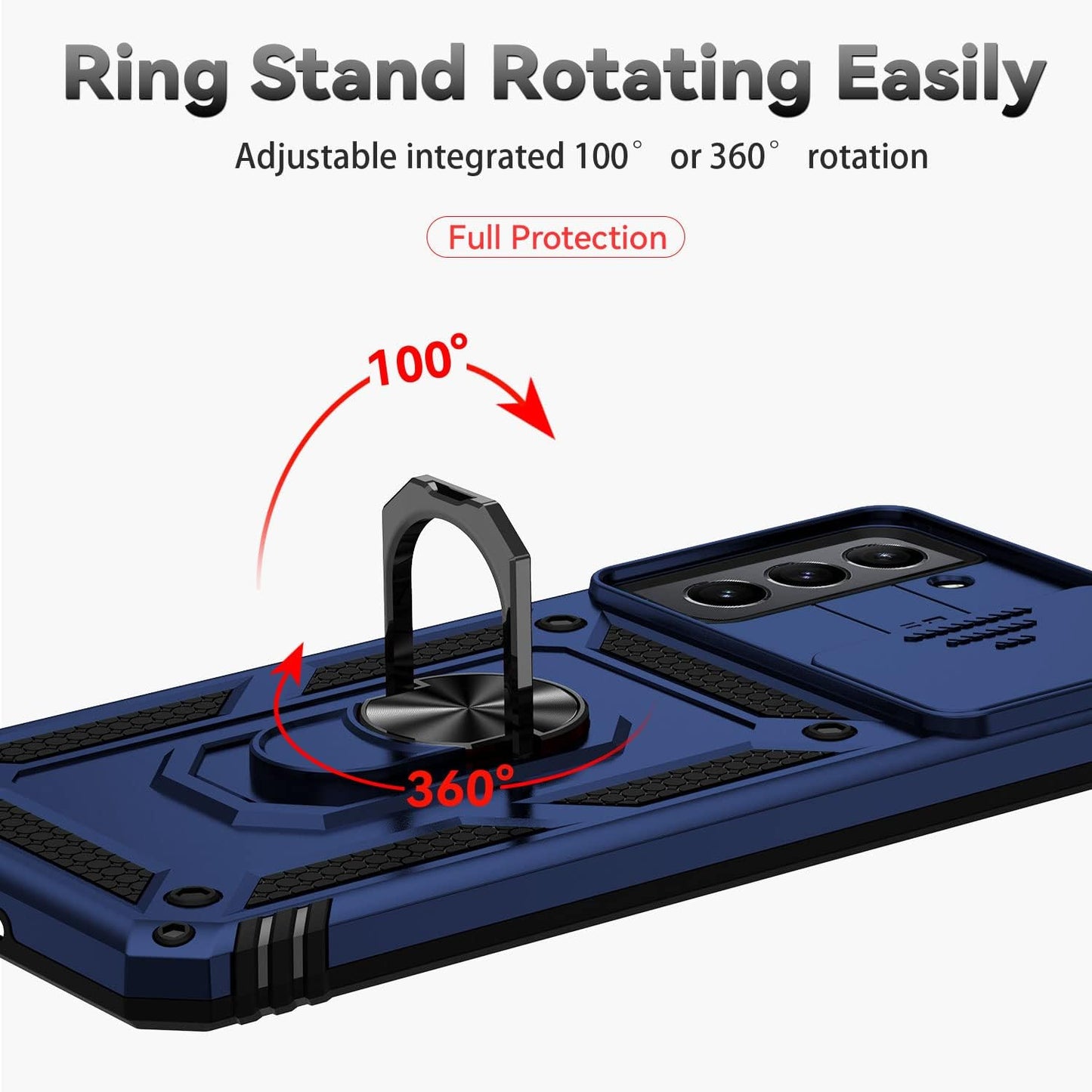 for Samsung Galaxy S21 FE 5G Case with Camera Lens Cover HD Screen Protector, Military-Grade Drop Tested Magnetic Ring Holder Kickstand Protective Phone Case for Samsung Galaxy S21 FE 5G (Navy Blue)