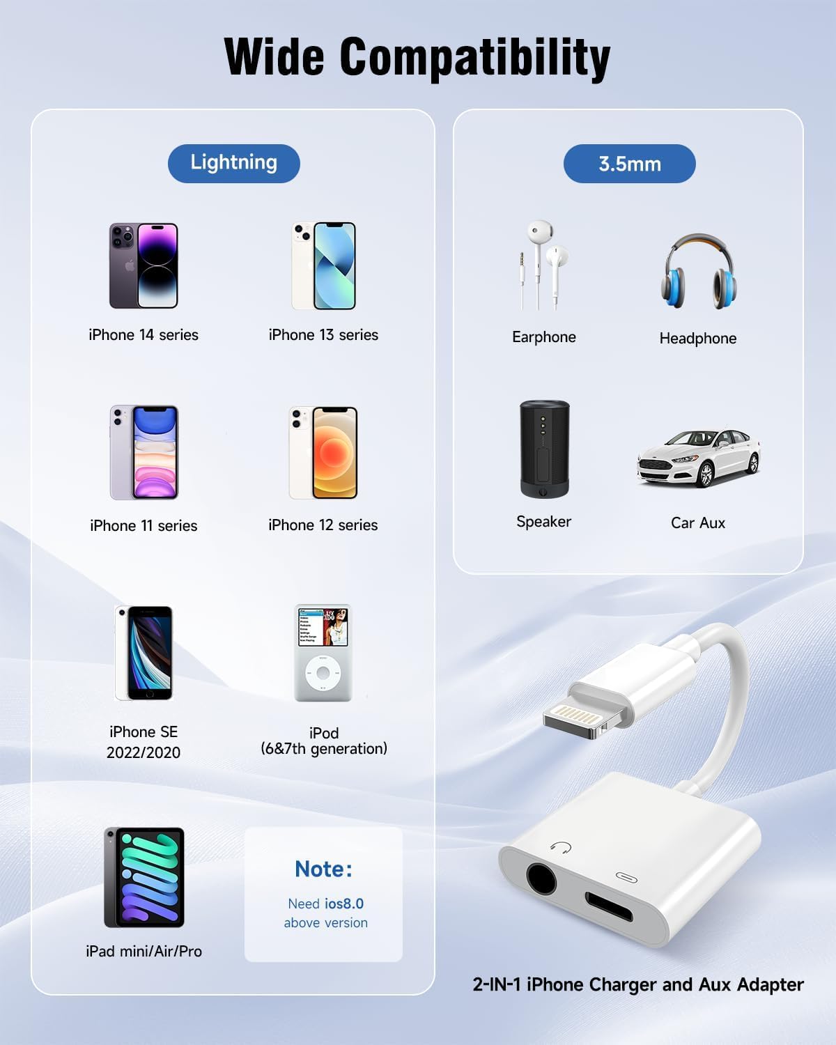 Apple MFi Certified 2-in-1 Lightning to 3.5mm Headphone Jack Adapter,Fast Charger&Aux Audio Splitter Dongle for iPhone-Car AUX,Home,Gym,Travel,Compatible with iPhone 14/13/12/11/XR/X/8/7,2Pack,White