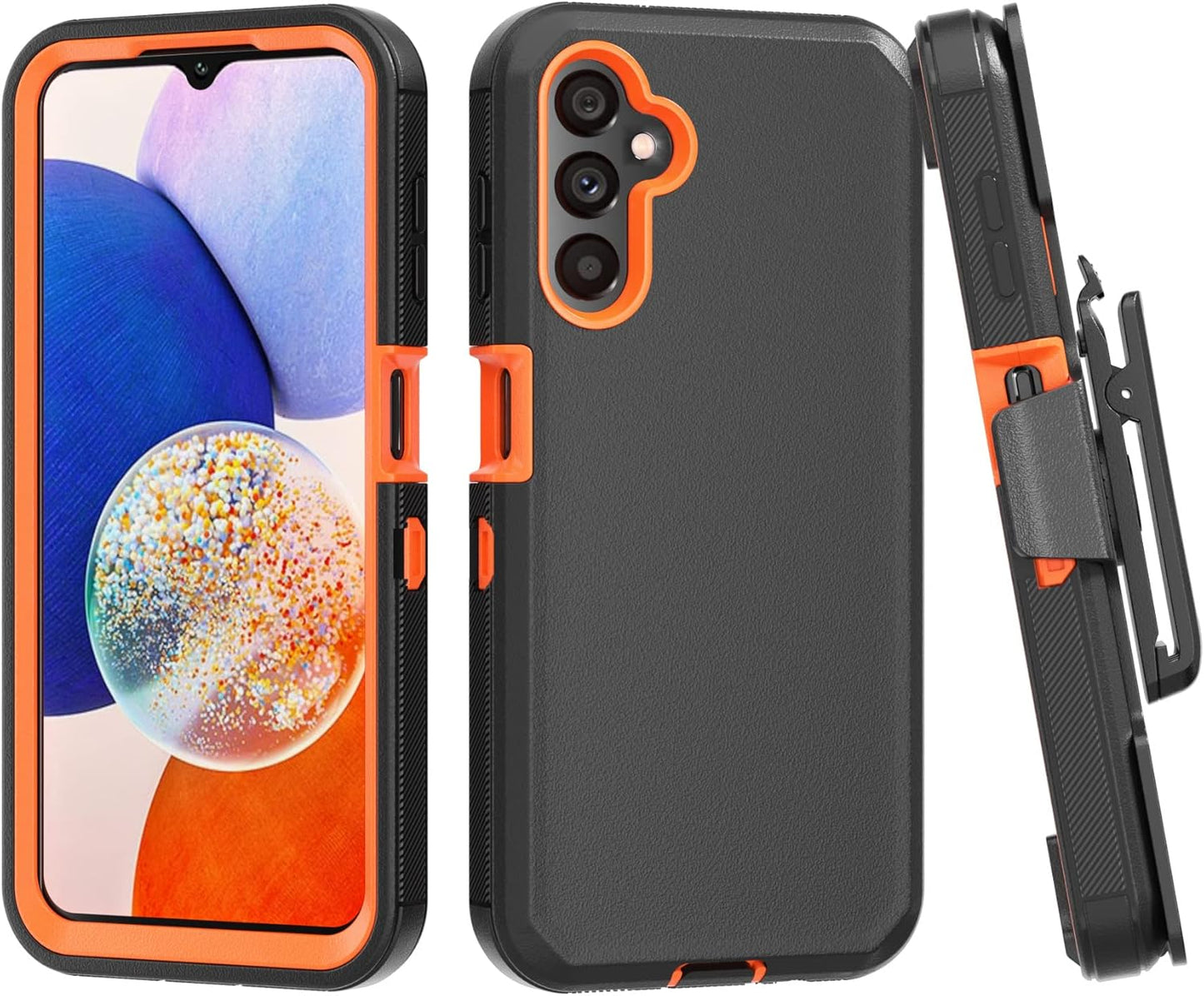 Phone Case for Samsung Galaxy A14 5G Case,Heavy Duty Hard Shockproof Armor Protector Case Cover with Belt Clip Holster for Samsung A14 5G 2023 Phone Case (Black+Orange)