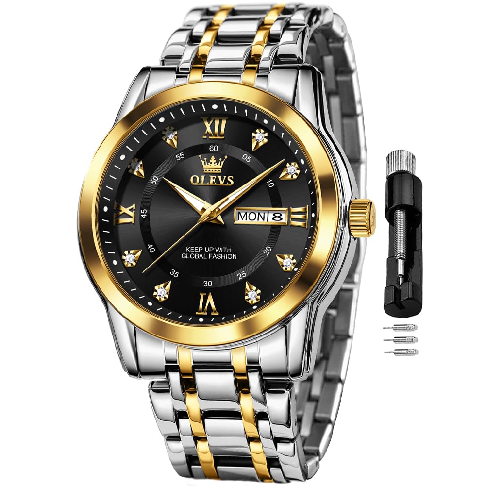 OLEVS Watch for Men Classic Business Dress Analog Quartz Stainless Steel Waterproof Luminous Date Diamond Men Silver Watch