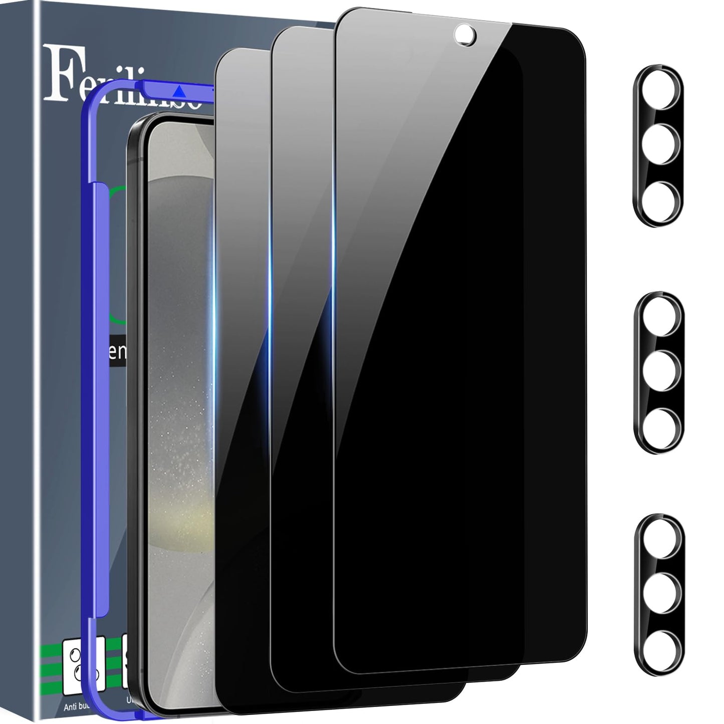 Ferilinso 3 Pack Privacy Screen Protector for Samsung Galaxy S24 Ultra with 3 Pack Tempered Glass Camera Lens Protector Phone Case Friendly Accessories Protector de Pantalla for Samsung S24 Ultra