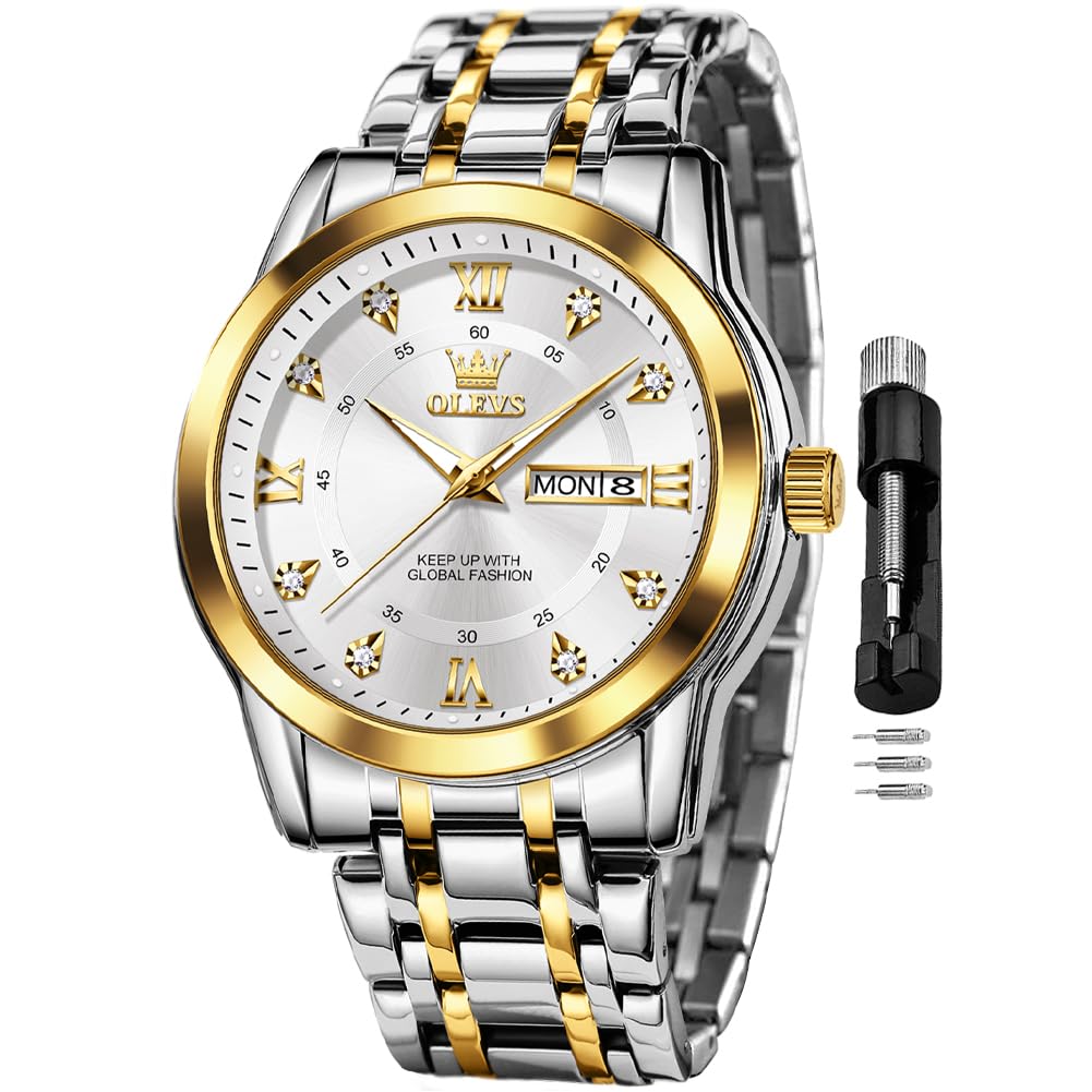 OLEVS Watch for Men Classic Business Dress Analog Quartz Stainless Steel Waterproof Luminous Date Diamond Men Silver Watch
