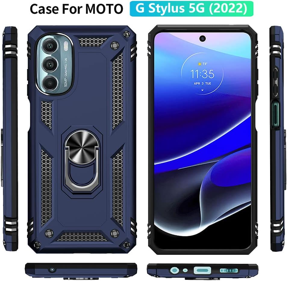 Aozuoton for Moto G Stylus 5G 2022 Case with HD Screen Protector, Military Grade 16ft. Drop Tested Ring Shockproof Protective Phone Case for Moto G Stylus 5G 2022, Blue