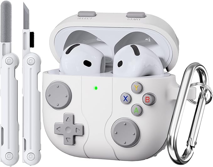 Classic Game Case for Apple Airpod 4, Silicone Funny Airpod Case 4Th Generation for Men Boys, Compatible with Airpods 4 Cover with Cleaning Kit, Air Pod 4 Case with Keychain, White