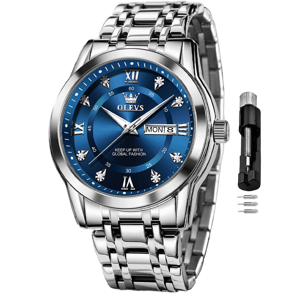 OLEVS Watch for Men Classic Business Dress Analog Quartz Stainless Steel Waterproof Luminous Date Diamond Men Silver Watch