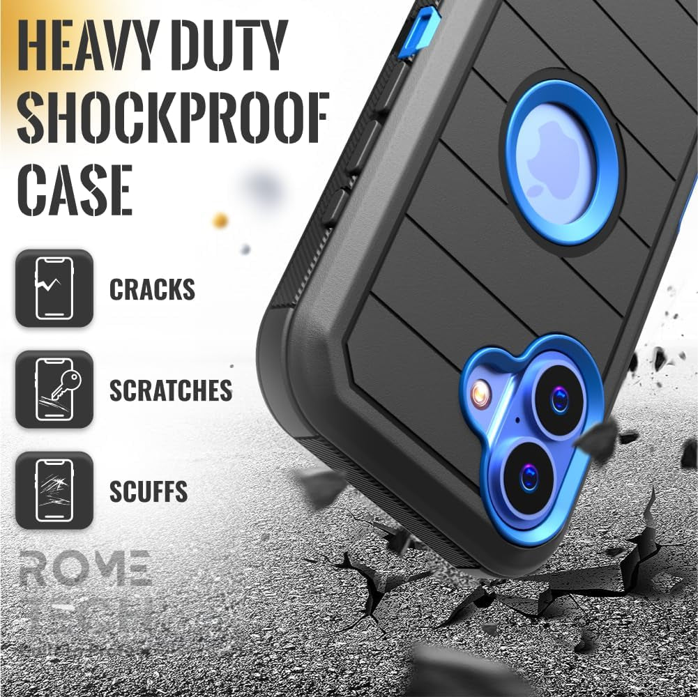 For Iphone 16 Case with Belt Clip Holster & Kickstand, Screenless Protective Dual-Layer Shockproof Iphone 16 Defender Case - Black & Blue