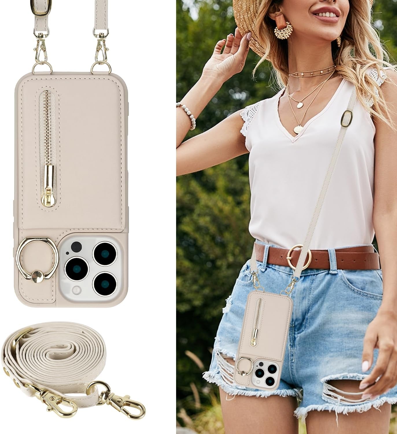 Crossbody Wallet Case for Iphone 16 Pro Max, with Card Slots Zipper Pocket Case, Flip Folio Purse RFID Blocking with Ring Kickstand Detachable Strap-Beige