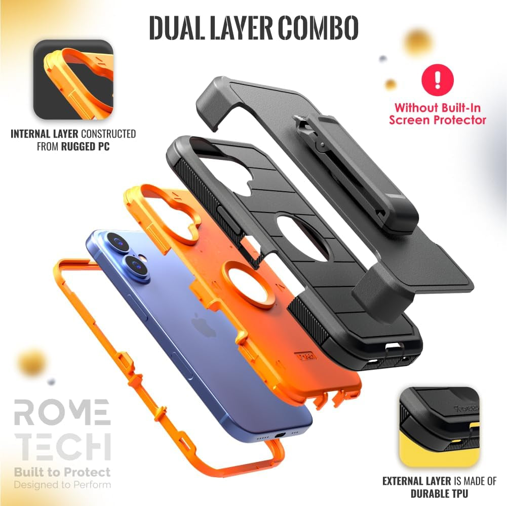 For Iphone 16 Case with Belt Clip Holster & Kickstand, Screenless Protective Dual-Layer Shockproof Iphone 16 Defender Case - Black & Orange