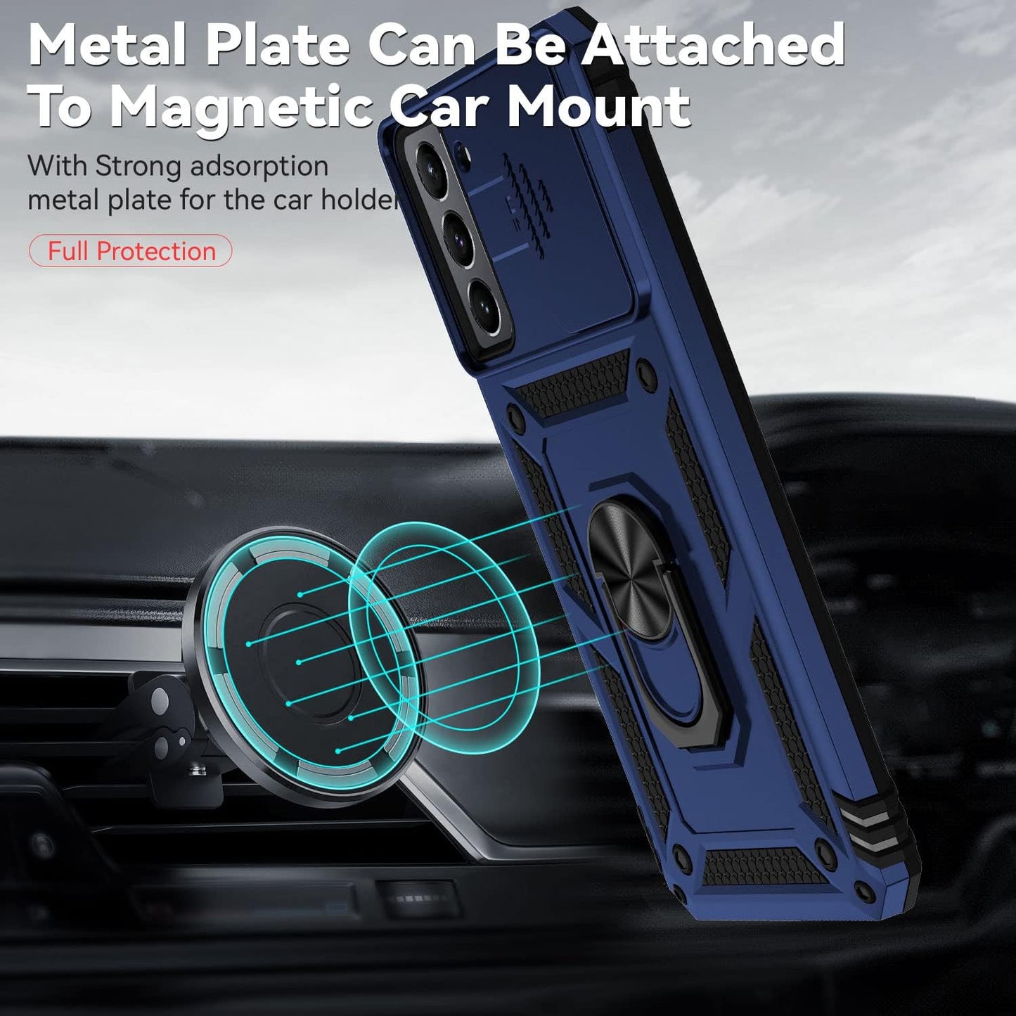 for Samsung Galaxy S21 FE 5G Case with Camera Lens Cover HD Screen Protector, Military-Grade Drop Tested Magnetic Ring Holder Kickstand Protective Phone Case for Samsung Galaxy S21 FE 5G (Navy Blue)