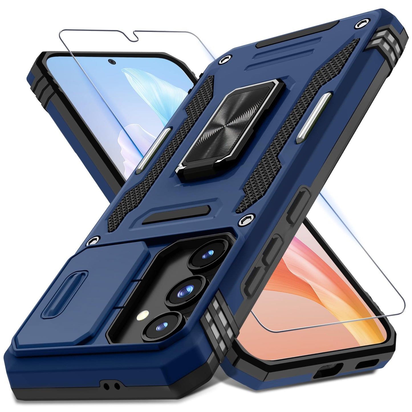 DEERLAMN Case for Samsung Galaxy S23 FE 6.4-Inch with Slide Camera Cover+Screen Protector(1 Pack),Rotated Ring Kickstand Military Grade Shockproof Protective Cover-Black