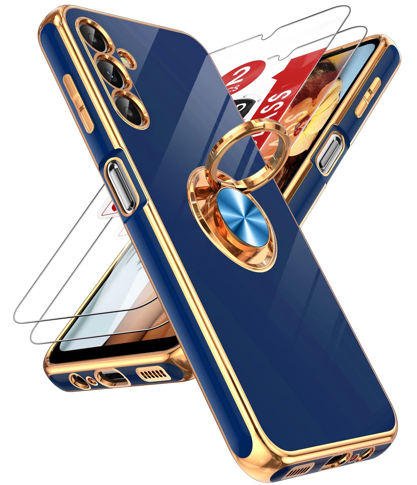 LeYi for Samsung Galaxy A13-5G Phone Case: Tempered Glass Screen Protector, 360° Rotatable Ring Holder Magnetic Kickstand, Plating Rose Gold Edge Protective Case, Black