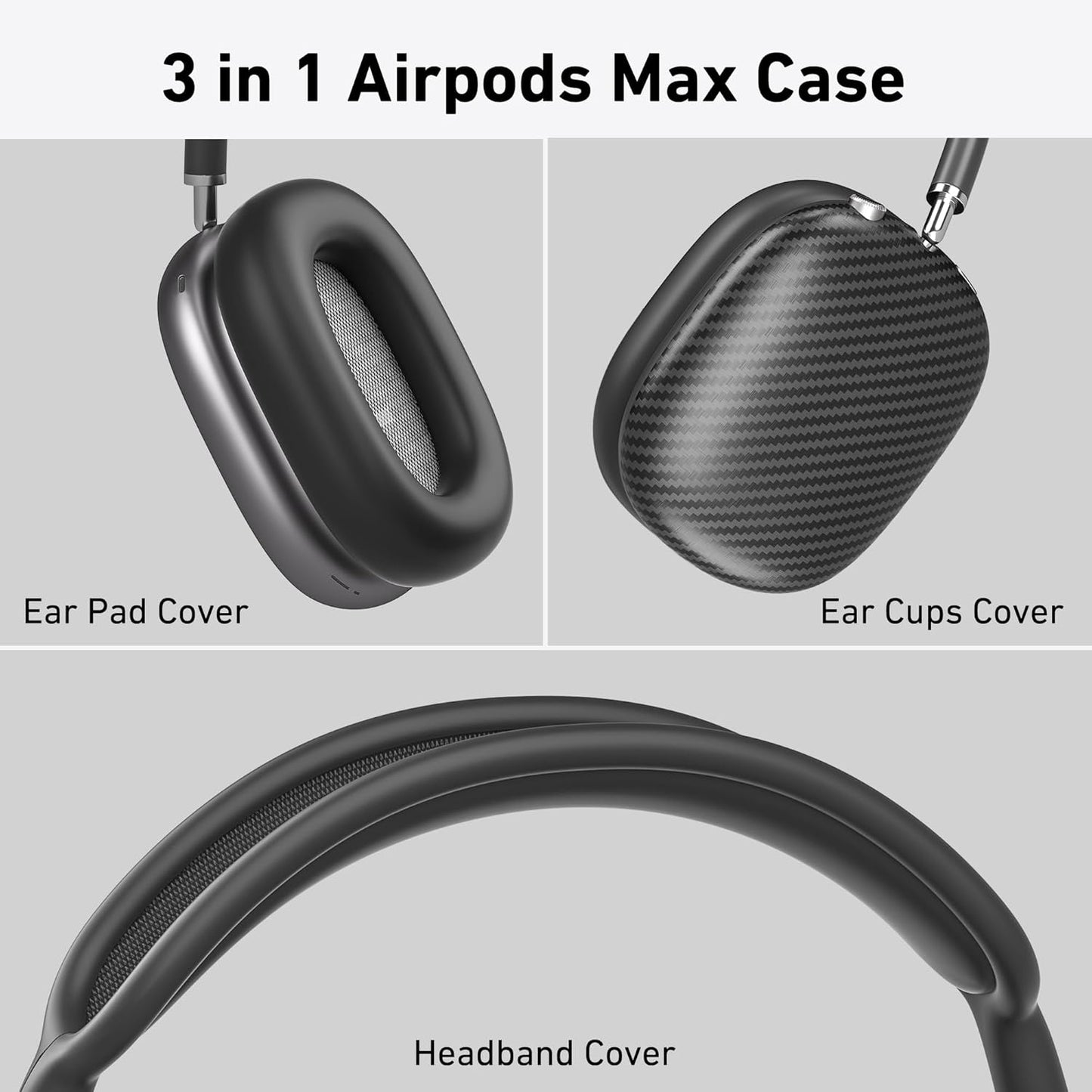 Case Cover for AirPods Max Headphones,AHBTEYM Carbon Fiber Texture TPU Ear Cups Case/Ear Pads/Headband Silicone Cover Compatible with Apple AirPod Max Accessories Protector (Matte Black)