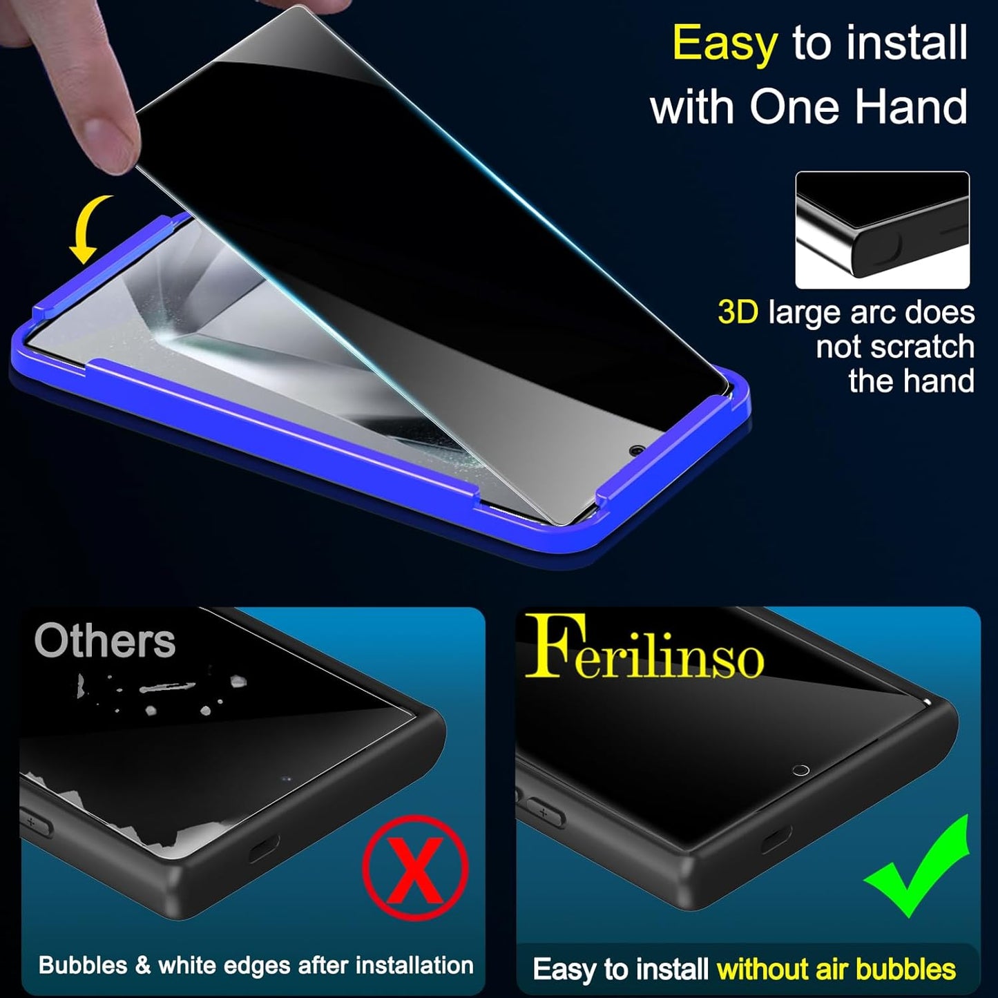 Ferilinso 3 Pack Privacy Screen Protector for Samsung Galaxy S24 Ultra with 3 Pack Tempered Glass Camera Lens Protector Phone Case Friendly Accessories Protector de Pantalla for Samsung S24 Ultra
