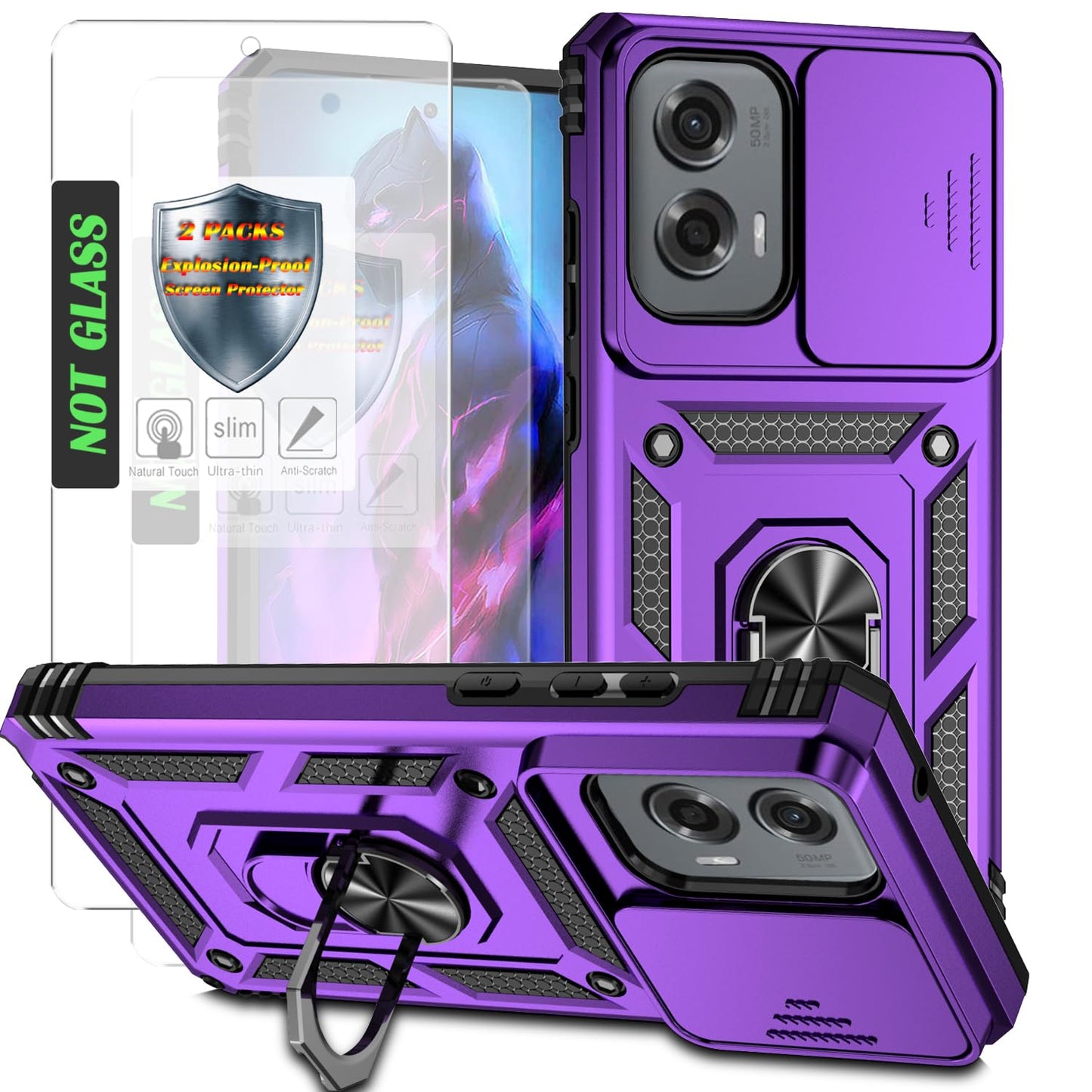 AYMECL for Moto G Stylus 5G 2024 Case with 2 Pcs Explosion-Proof Film, Slide Camera Cover Protective Case with Magnetic Ring Kickstand - Blue