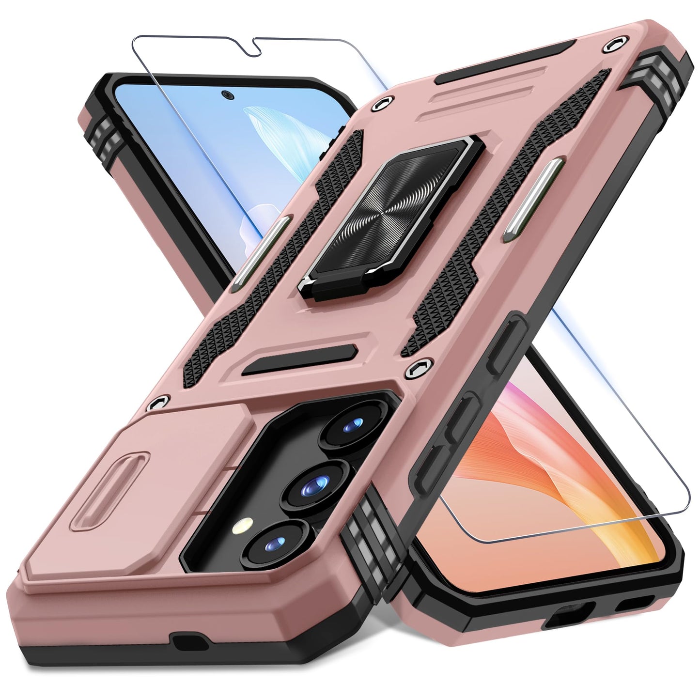 DEERLAMN Case for Samsung Galaxy S23 FE 6.4-Inch with Slide Camera Cover+Screen Protector(1 Pack),Rotated Ring Kickstand Military Grade Shockproof Protective Cover-Black