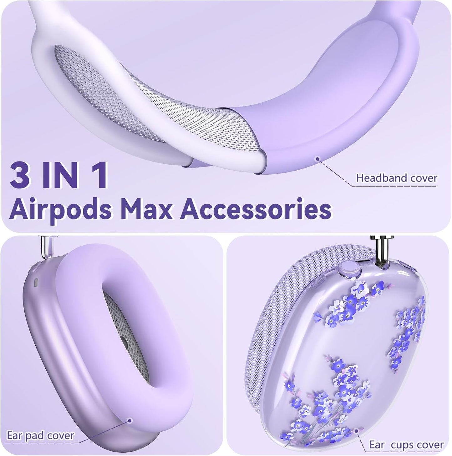 Silicone Cases for AirPods Max Headphones,Clear Flower Soft TPU Ear Cups Cover,Ear Pad Case Cover,Headband Cover for AirPod Max,Transparent Case for Apple AirPods Max USB-C(2024) for Women,Purple