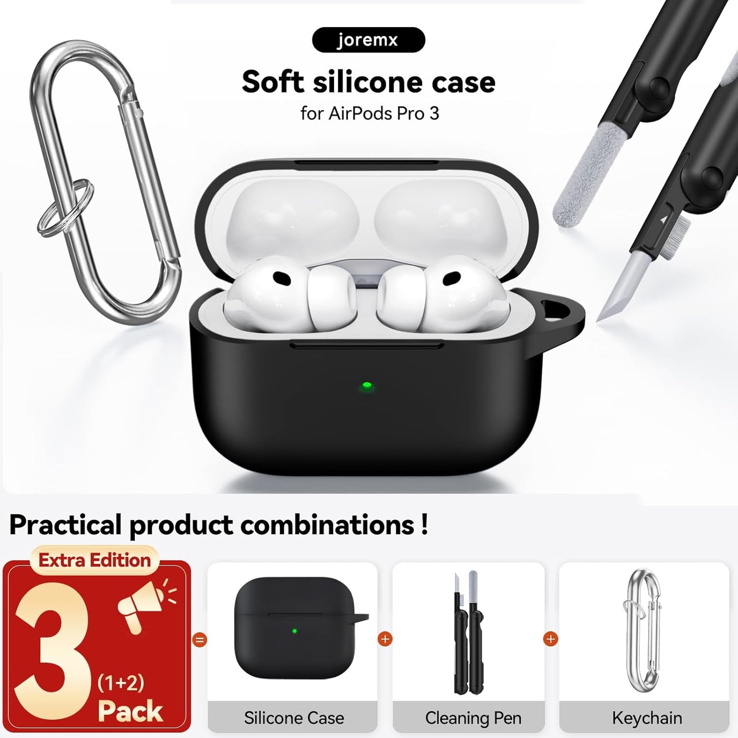 for AirPods Pro 3 Case (2025),Soft Silicone Protective Cover Compatible with Apple AirPods Pro 3rd Generation Case with Cleaning Kit for Women Men,Air pods Pro Accessories with Keychain,Black